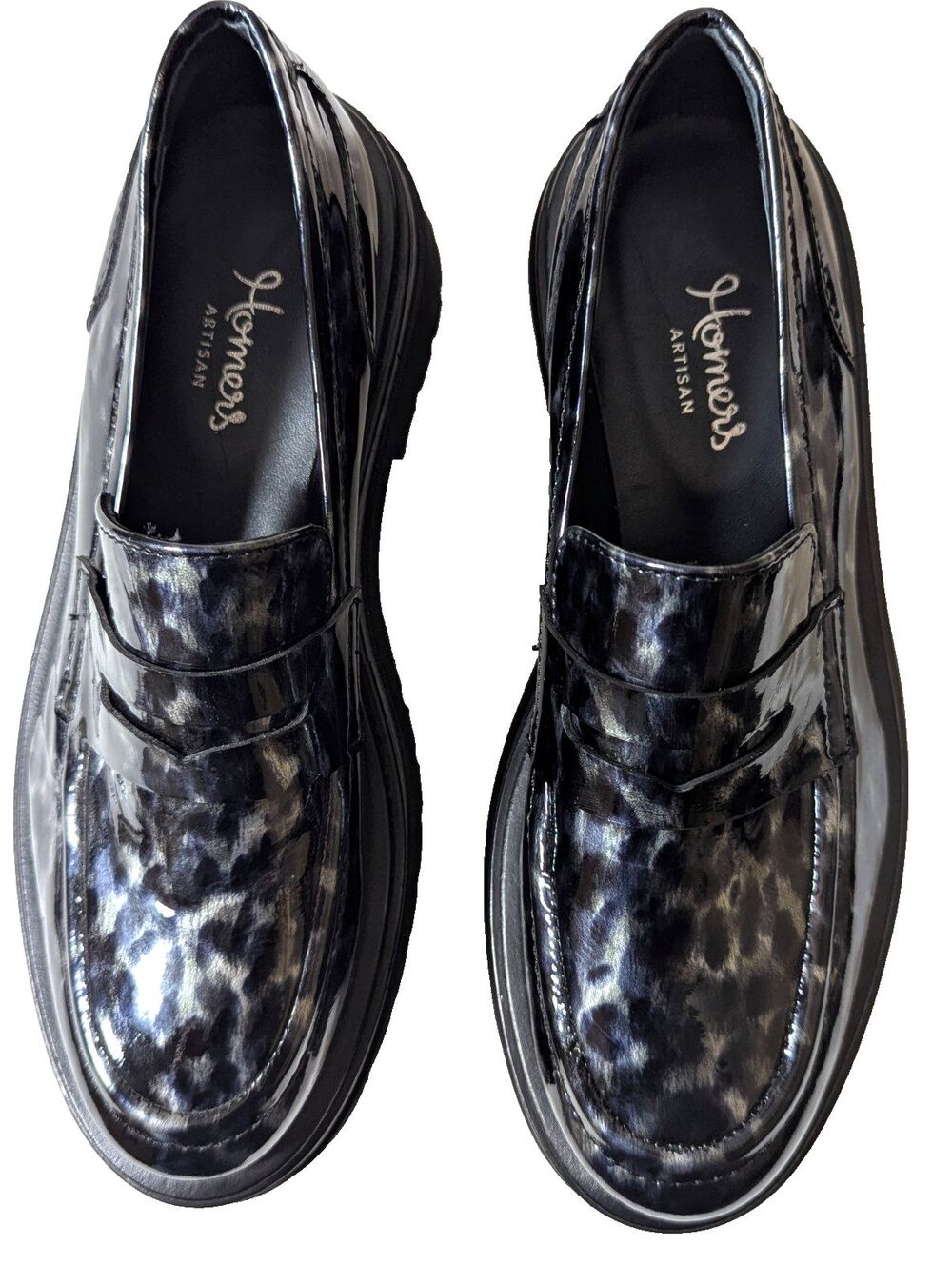 Homers Artisan 37.5 US 7.5 Black Silver Patent Leather Penny Platform Loafers